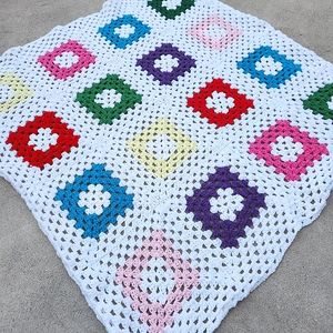 Vintage Homemade Crocheted Multicolor Square Design Afghan Throw Blanket